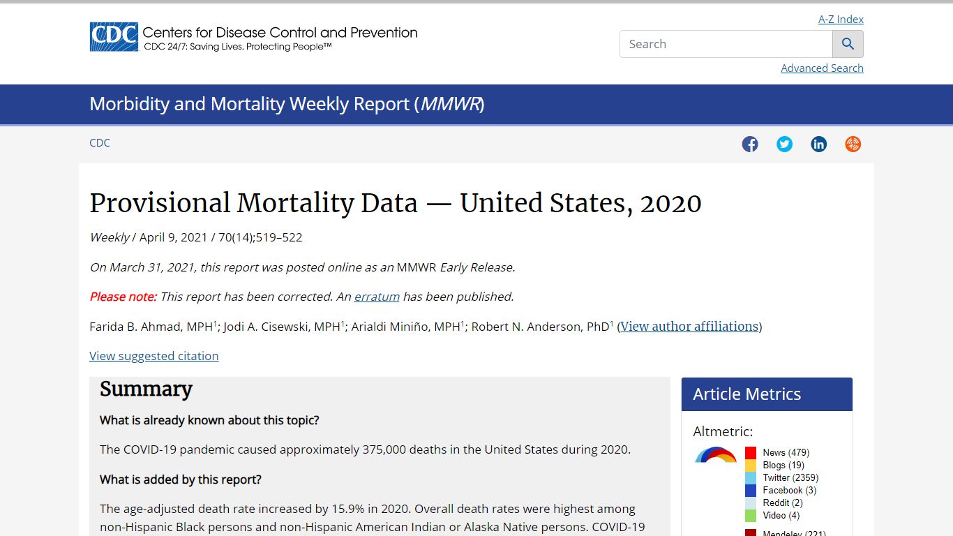 Provisional Mortality Data — United States, 2020 | MMWR